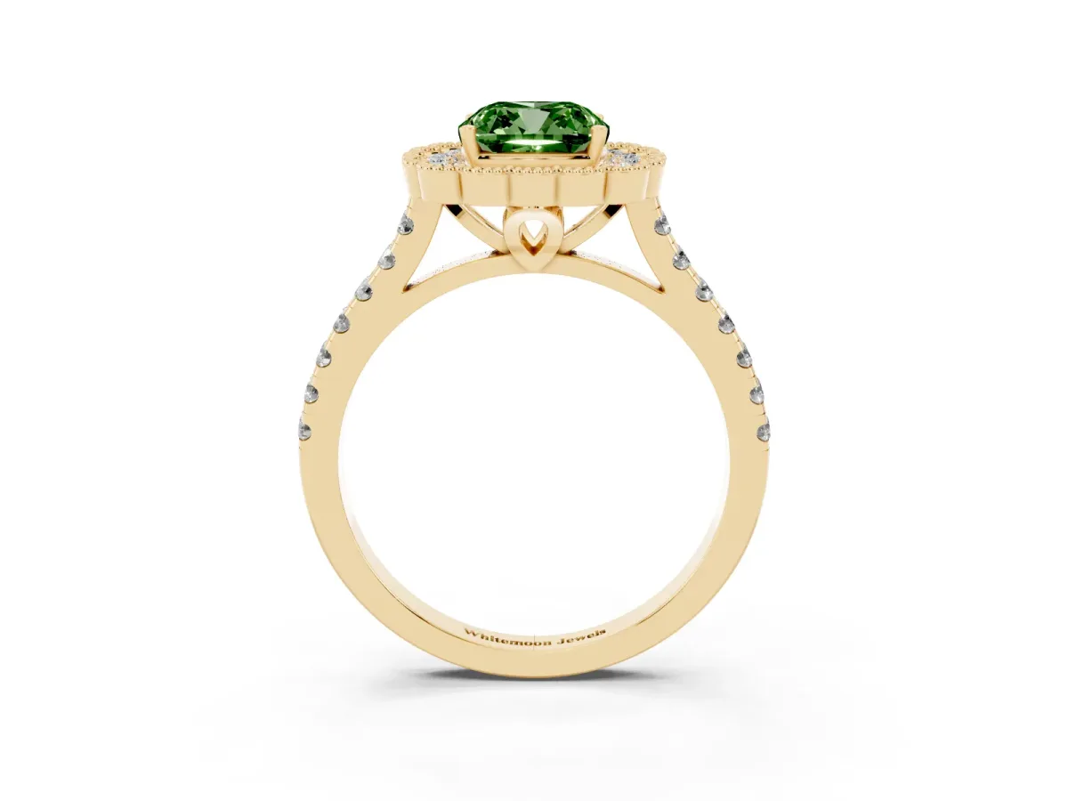 Fancy Green Cushion Cut Cut Diamond Milgrain Floral Halo Engagement Ring with Pavé Band Yellow gold