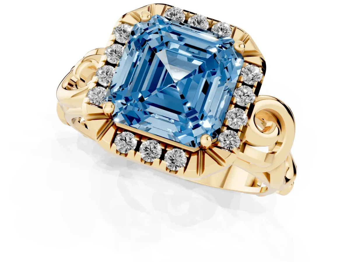 Fancy Blue Asscher Cut Cut Halo Diamond Ring with Scrollwork Band and Four-Prong Setting Yellow gold