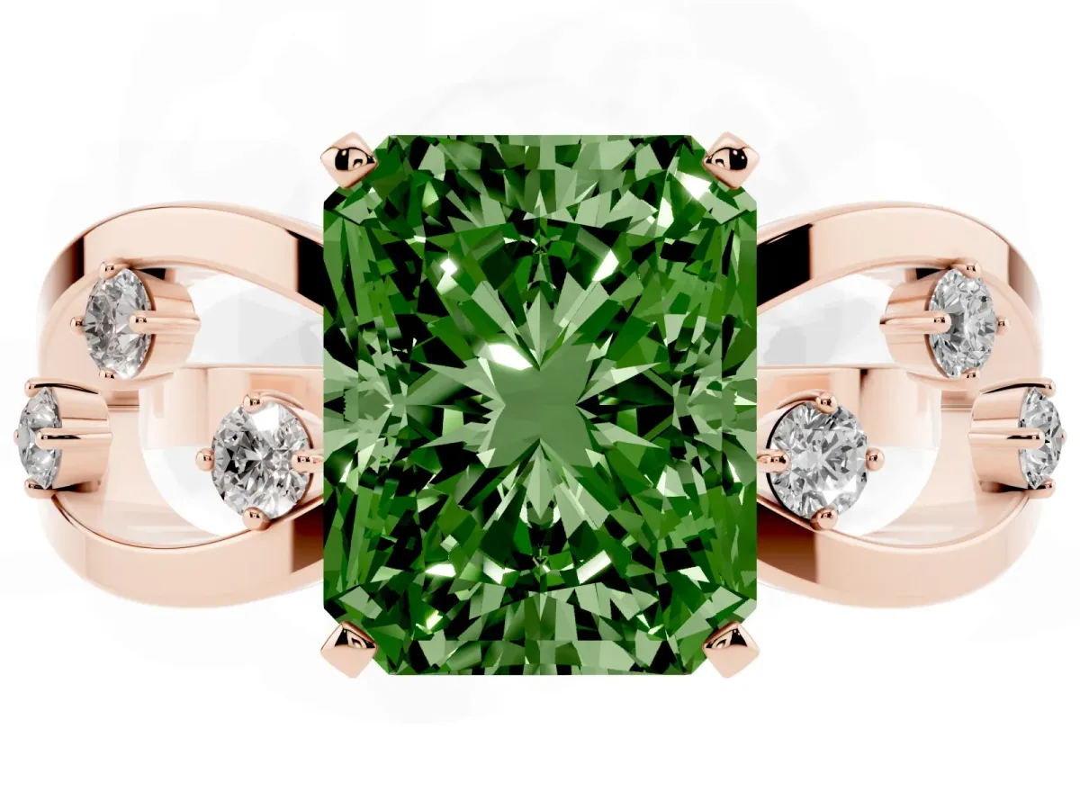 Fancy Green Radiant Cut Cut Solitaire Diamond with Side Stones on Criss-Cross Band and Four-Prong Setting Rose gold