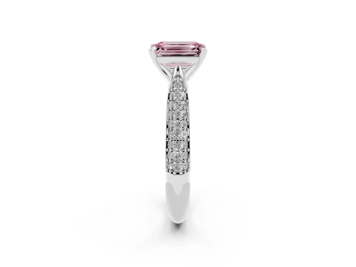 Fancy Pink Emerald Cut Diamond Solitaire Engagement Ring with Multi-Row Round Pavé Band and Prong Setting Silver