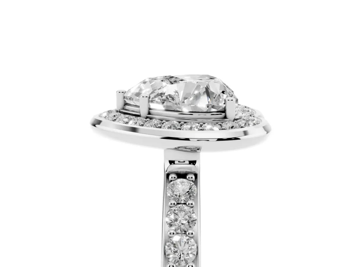 Heart Cut Diamond Halo Ring with Bezel Frame and Pavé Band Silver