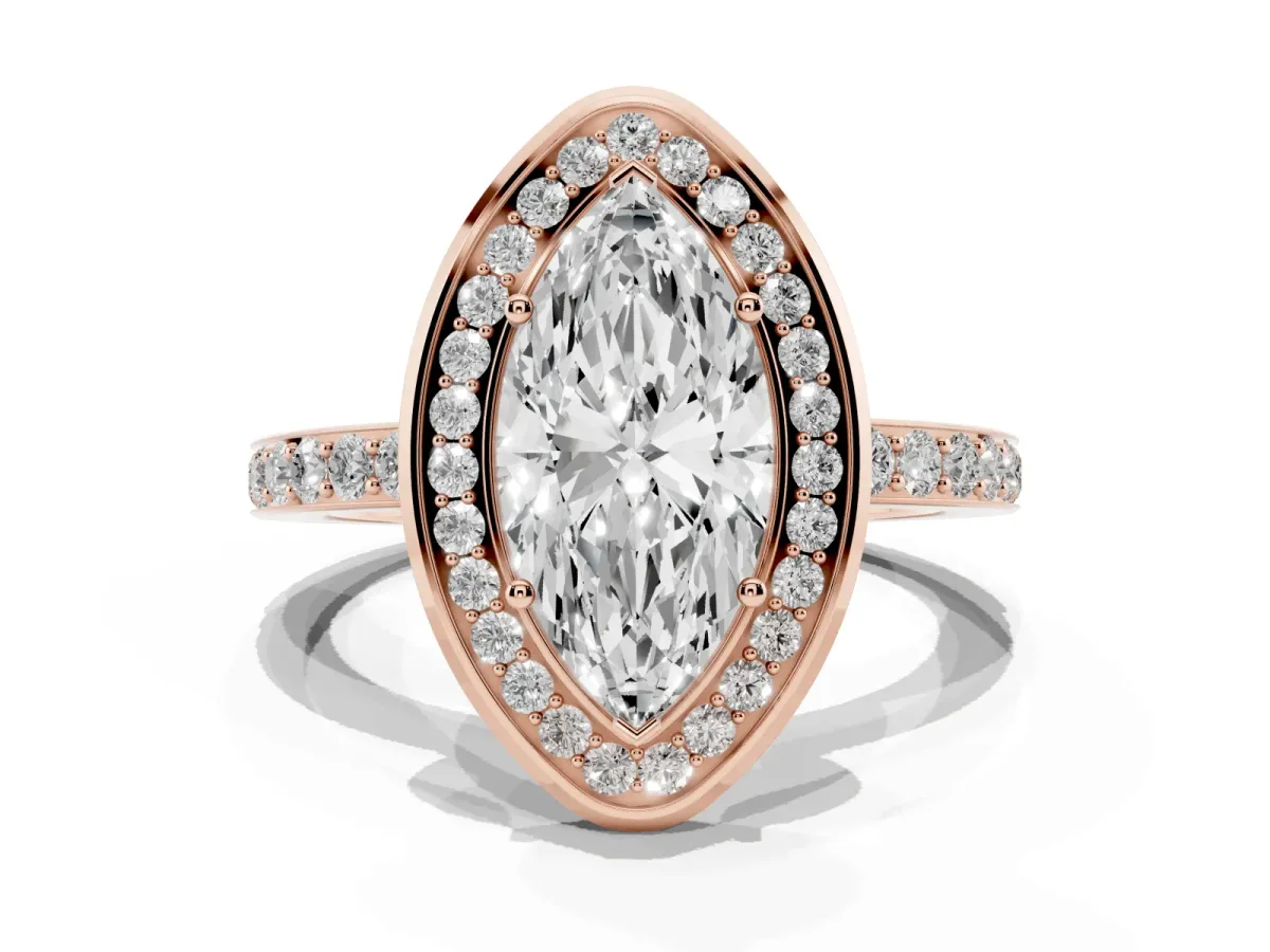 Marquise Cut Diamond Halo Ring with Bezel Frame and Pavé Band Rose gold