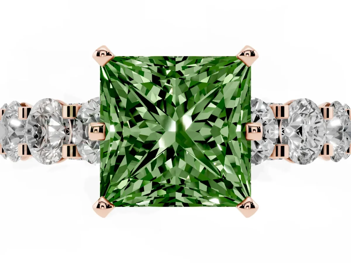 Fancy Green Princess Cut Diamond Side Stone Engagement Ring with Four-Prong Setting Rose gold