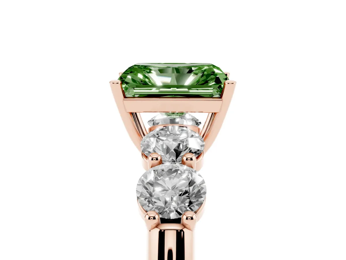 Fancy Green Radiant Cut Cut Five-Stone Prong Set Diamond Ring with Classic Band Rose gold