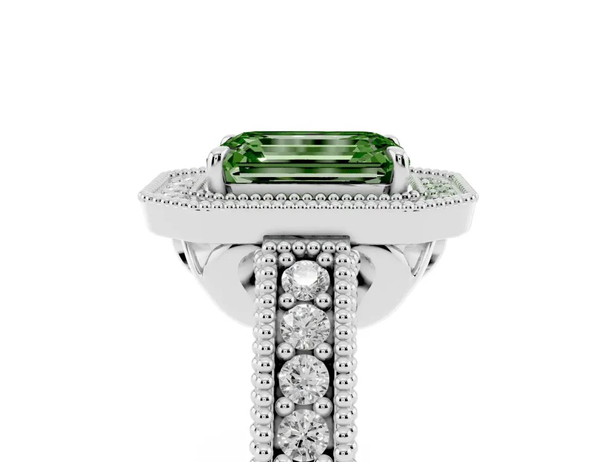 Fancy Green Emerald Cut Cut Halo Diamond Ring with Pavé Band and Four-Prong Setting White gold