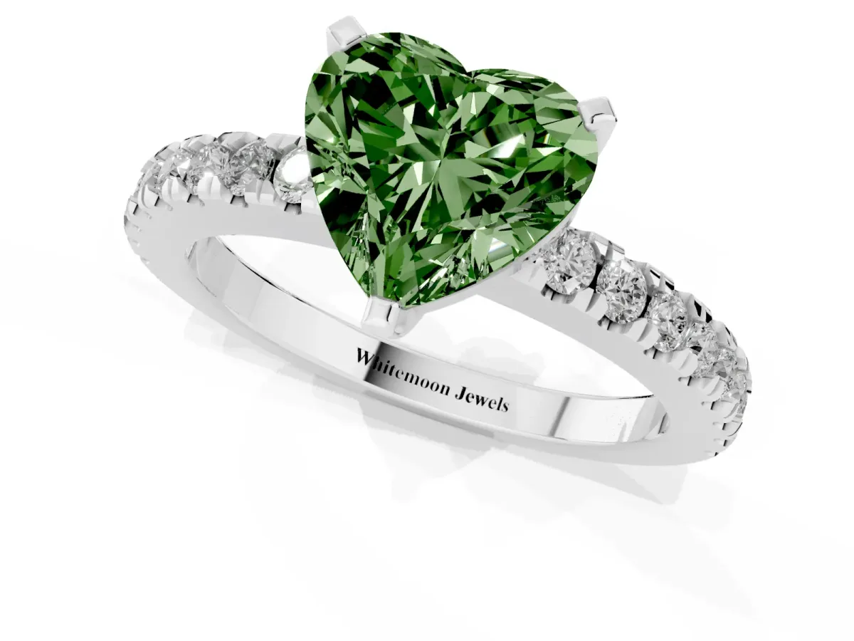 Fancy Green Heart Cut Solitaire Diamond with Pavé Band and Four-Prong Setting White gold