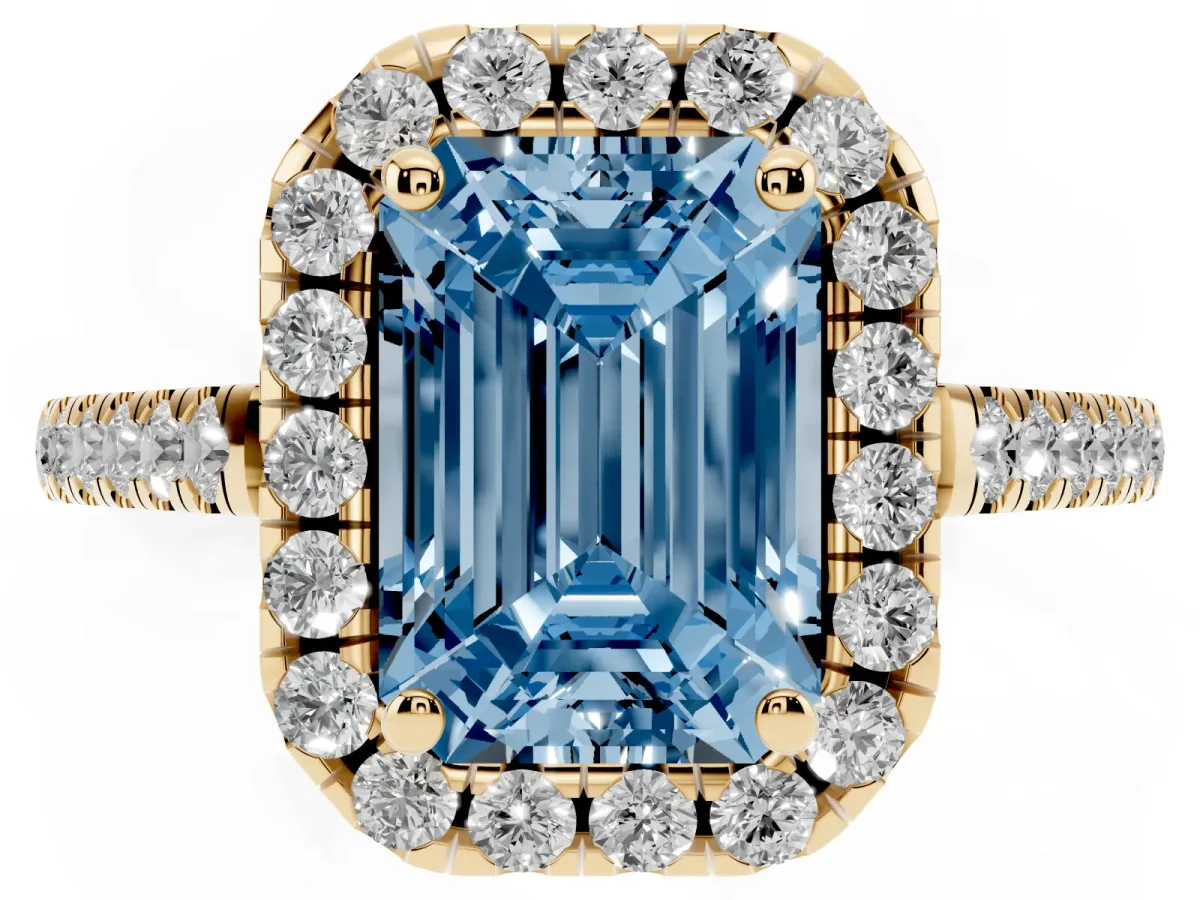 Fancy Blue Emerald Cut Halo Pavé Diamond Engagement Ring with Four-Prong Setting Yellow gold