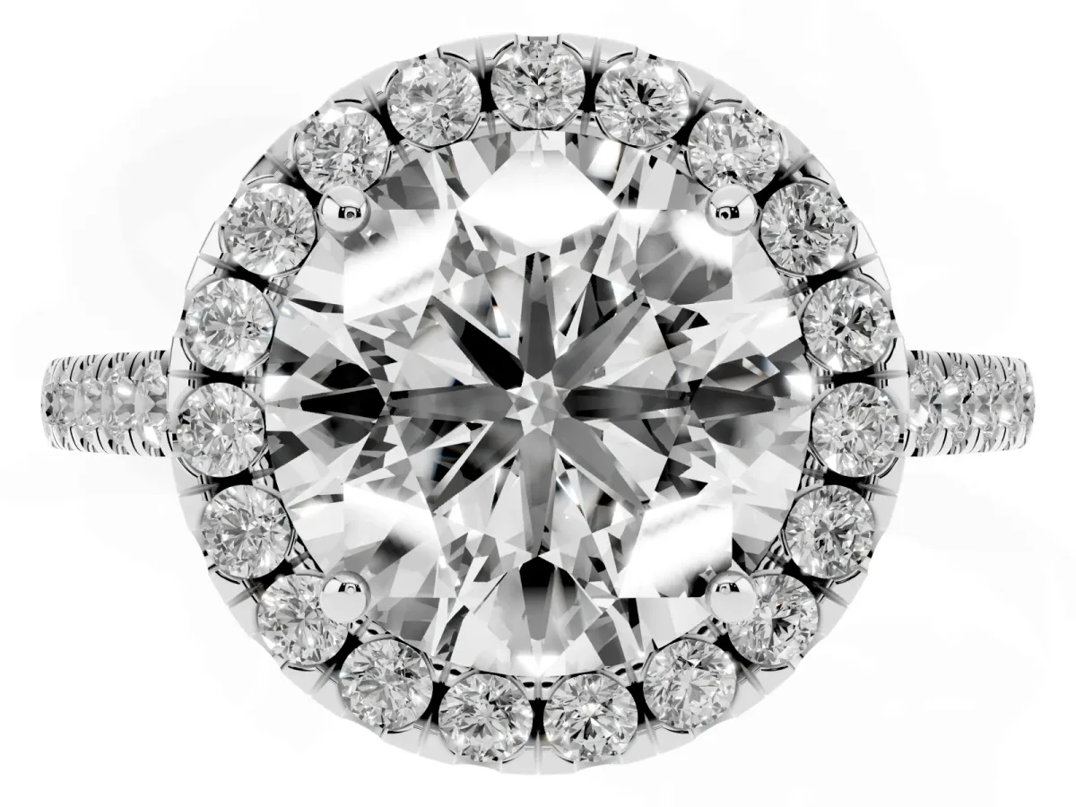 Round Cut Halo Pavé Diamond Engagement Ring with Four-Prong Setting Silver