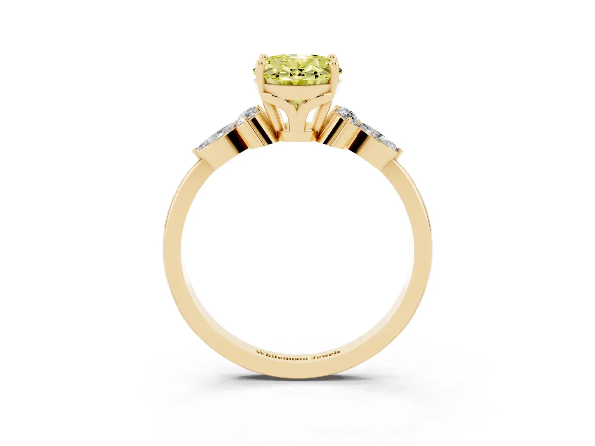 Fancy Yellow Oval Cut Brilliant Diamond Solitaire Ring with Pear Side Stones and Four-Prong Setting Yellow gold