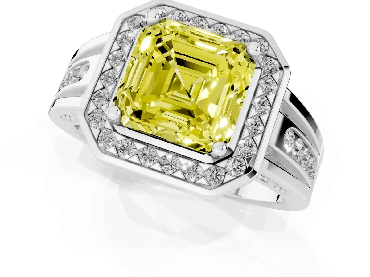 Fancy Yellow Asscher Cut Diamond Halo Ring with Split Shank and Bezel Accents and Prong Setting Silver