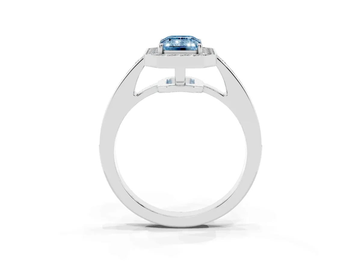 Fancy Blue Emerald Cut Halo Pavé Diamond Engagement Ring with Bezel Setting White gold