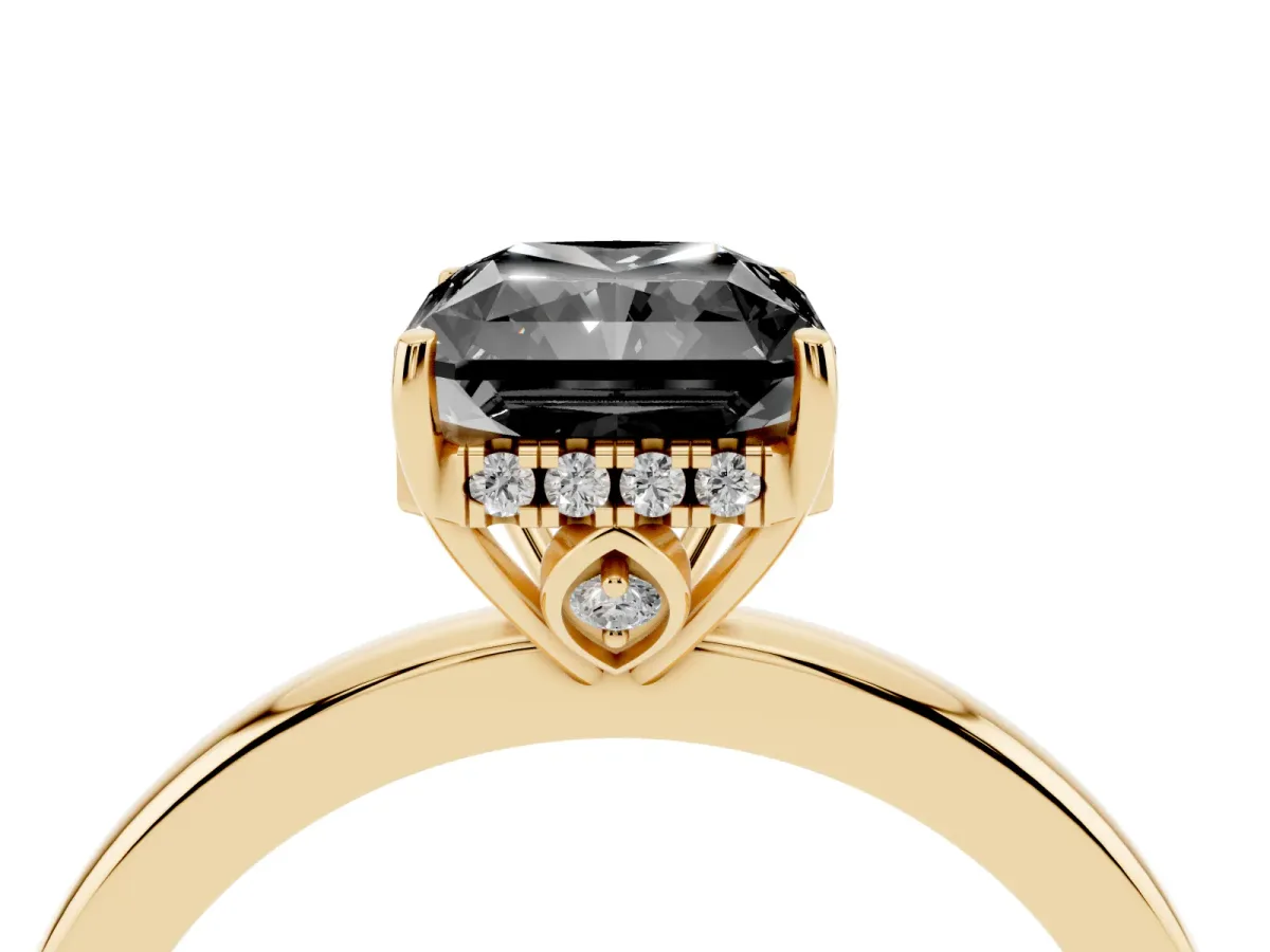Fancy Black Radiant Cut Solitaire Diamond Ring with Prong Setting and Plain Band Yellow gold