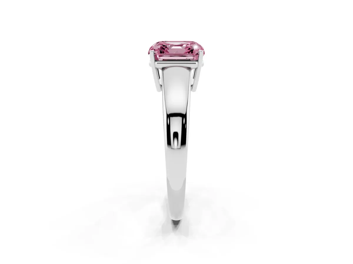 Fancy Pink Asscher Cut Solitaire Diamond Ring with Tapered Band and Four-Prong Setting Silver