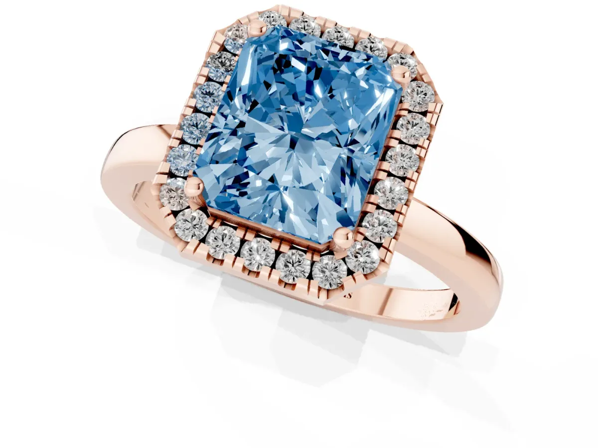 Fancy Blue Radiant Cut Halo Diamond Solitaire with Pavé Band and Four-Prong Setting Rose gold