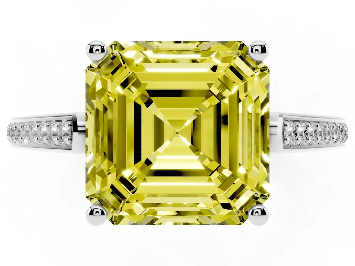Fancy Yellow Asscher Cut Cut Cathedral Pave Diamond Engagement Ring with Six-Prong Setting Silver