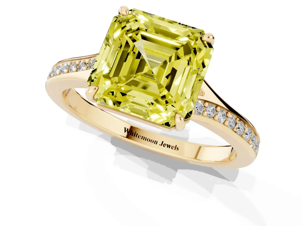 Fancy Yellow Asscher Cut Diamond Solitaire Ring with Pavé Band and Prong Setting Yellow gold