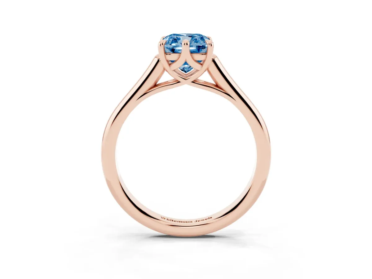 Fancy Blue Cushion Cut Solitaire Engagement Ring with Six-Prong Setting and Classic Band Rose gold