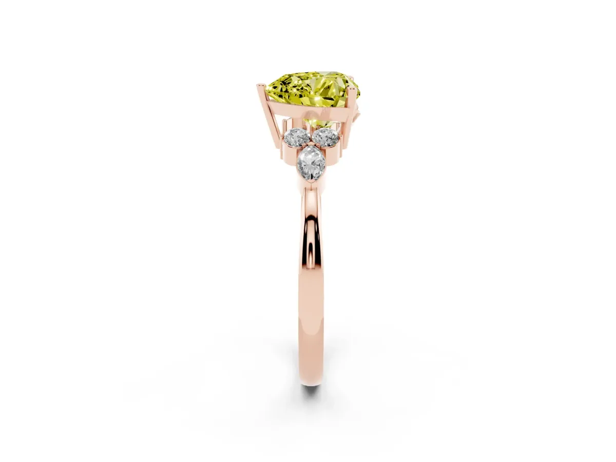 Fancy Yellow Heart Cut Brilliant Diamond Solitaire Ring with Pear Side Stones and Four-Prong Setting Rose gold
