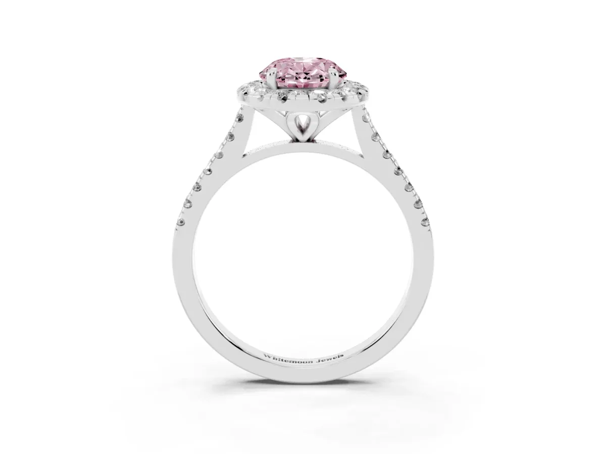 Fancy Pink Oval Cut Diamond Cushion Halo Ring with Pavé Band Platinum