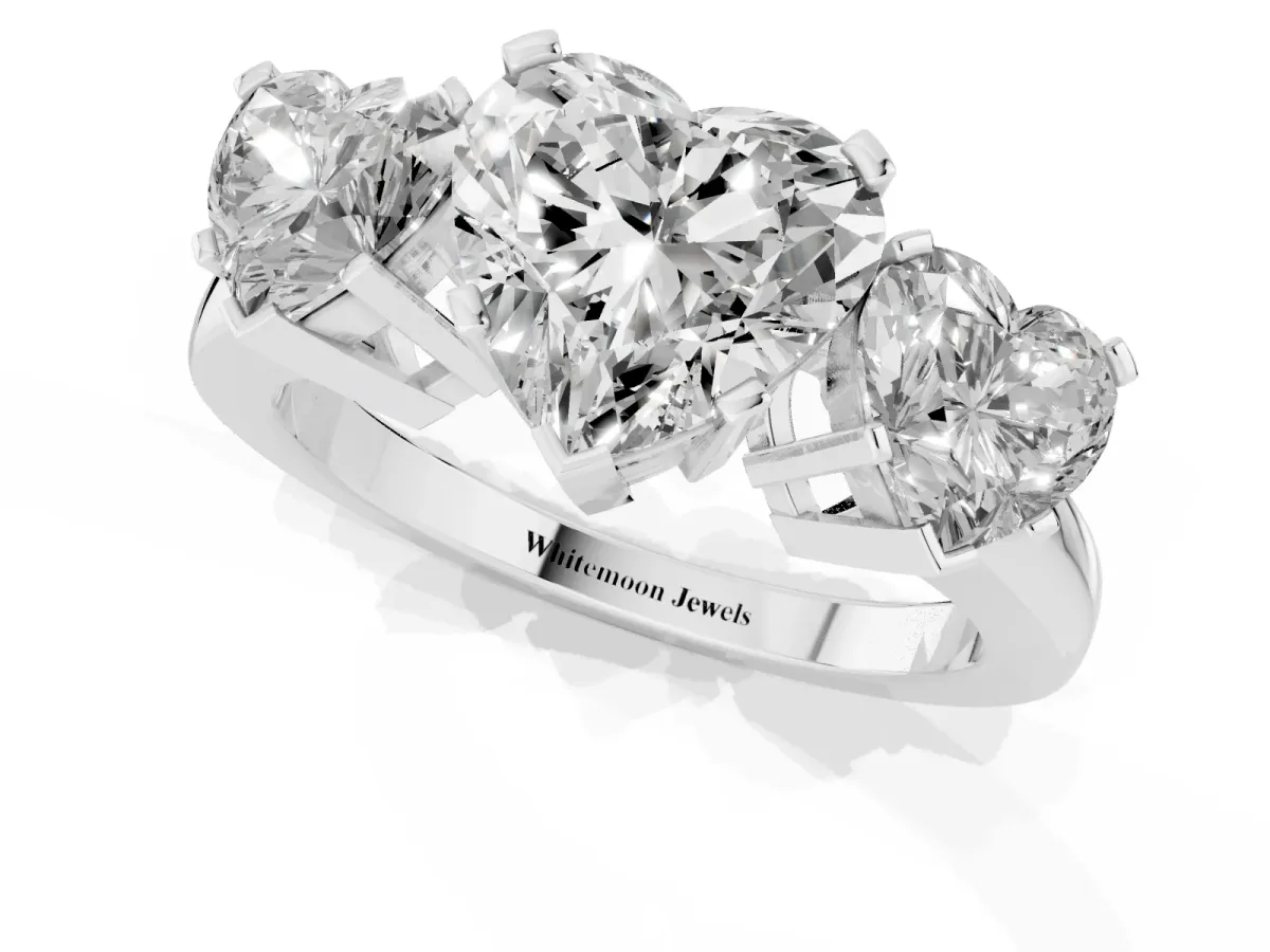 Three-Stone Heart Cut Cut Diamond Ring with Channel Set Band and Four-Prong Setting White gold