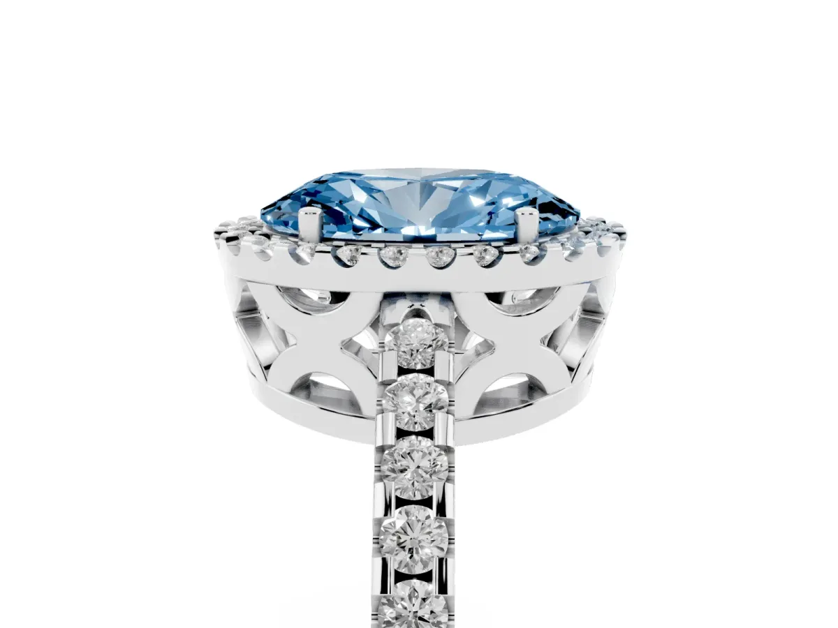 Fancy Blue Oval Cut Diamond Halo Engagement Ring with Pavé Band and Prong Setting Platinum