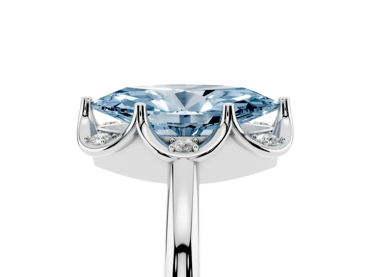 Fancy Blue Marquise Cut Halo Diamond Ring with Round Cluster Setting, Solitaire Band, and Four-Prong Setting Platinum