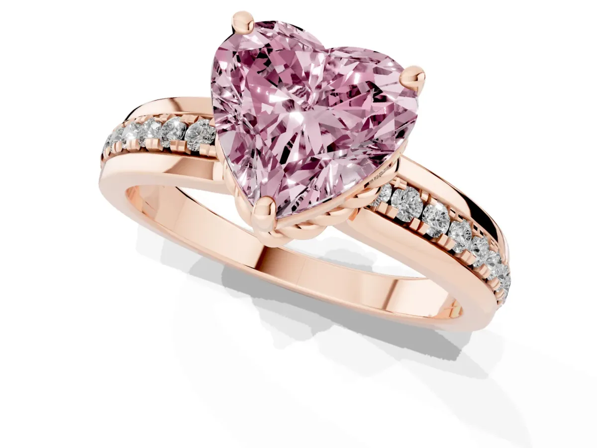 Fancy Pink Heart Cut Solitaire Diamond Ring with Channel Set Band and Six-Prong Setting Rose gold