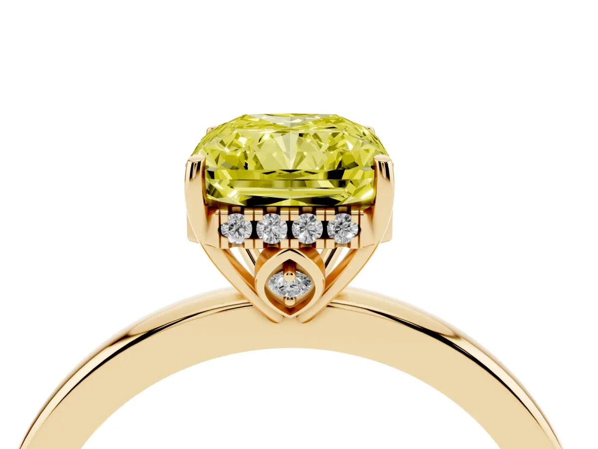 Fancy Yellow Radiant Cut Solitaire Diamond Ring with Prong Setting and Plain Band Yellow gold
