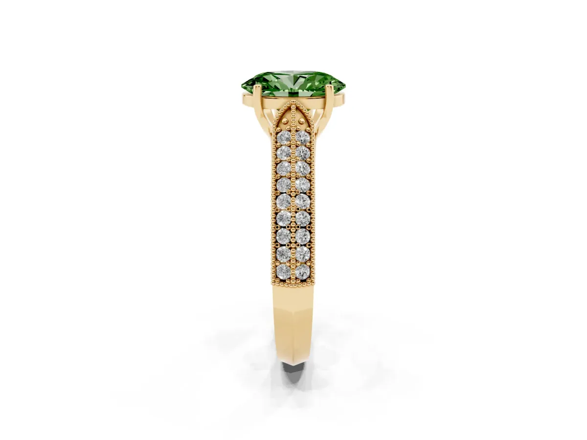 Fancy Green Oval Cut Cut Pave Split Shank Engagement Ring with Four-Prong Setting Yellow gold