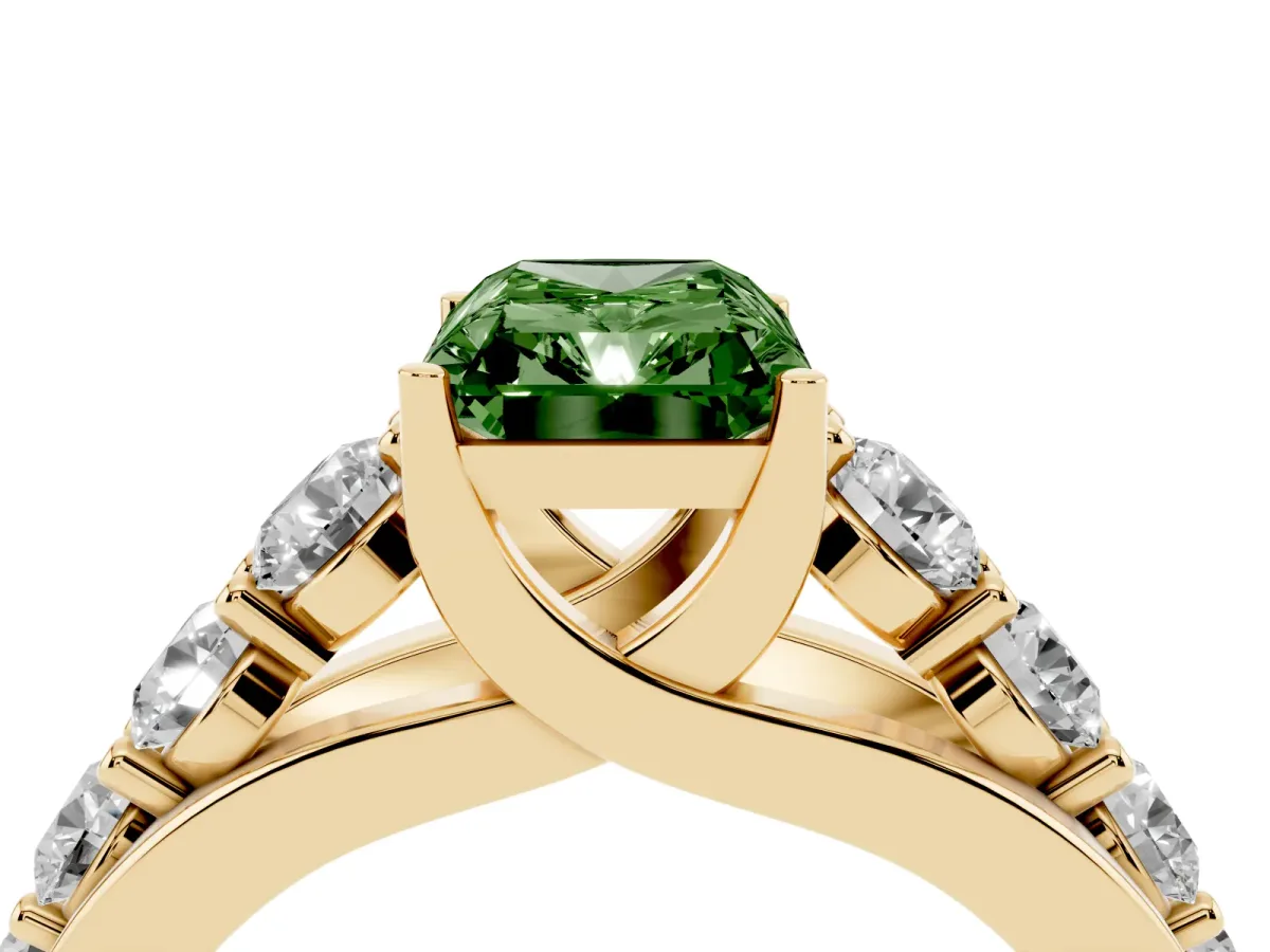Fancy Green Radiant Cut Diamond Engagement Ring with Pavé Band and Four-Prong Setting Yellow gold