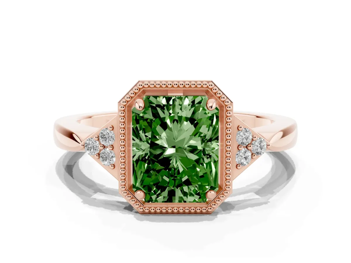 Fancy Green Radiant Cut Diamond Halo Ring with Tapered Band and Four-Prong Setting Rose gold