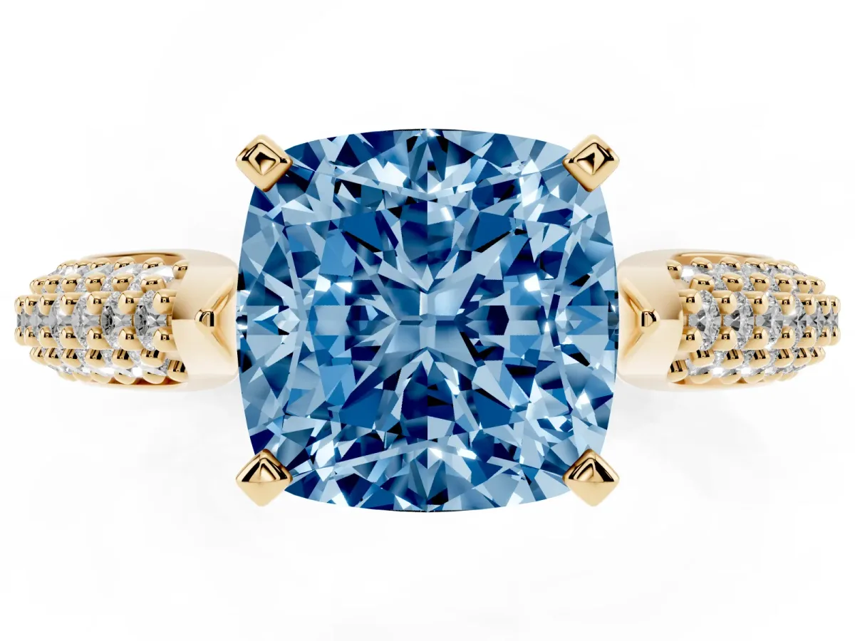 Fancy Blue Cushion Cut Diamond Solitaire Engagement Ring with Multi-Row Round Pavé Band and Prong Setting Yellow gold
