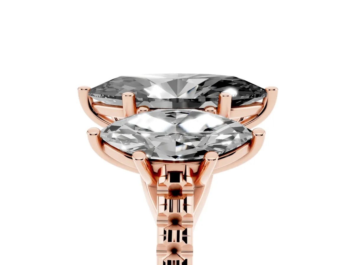 Fancy Black Three-Stone Marquise Cut Diamond Ring with Round Pavé Band and Prong Setting Rose gold