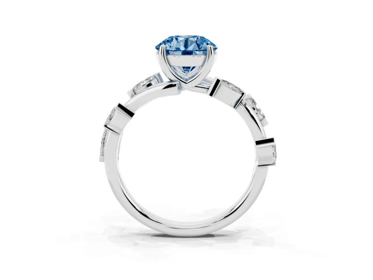 Fancy Blue Round Cut Solitaire Twisted Band Marquise Accent Prong Setting Ring White gold