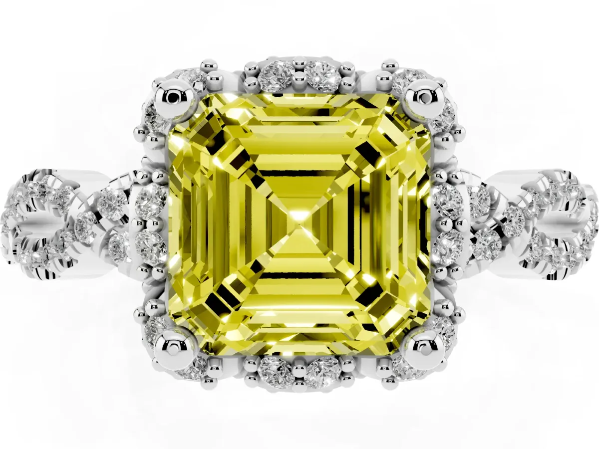 Fancy Yellow Asscher Cut Halo Twist Band Solitaire Ring with Six-Prong Setting Silver