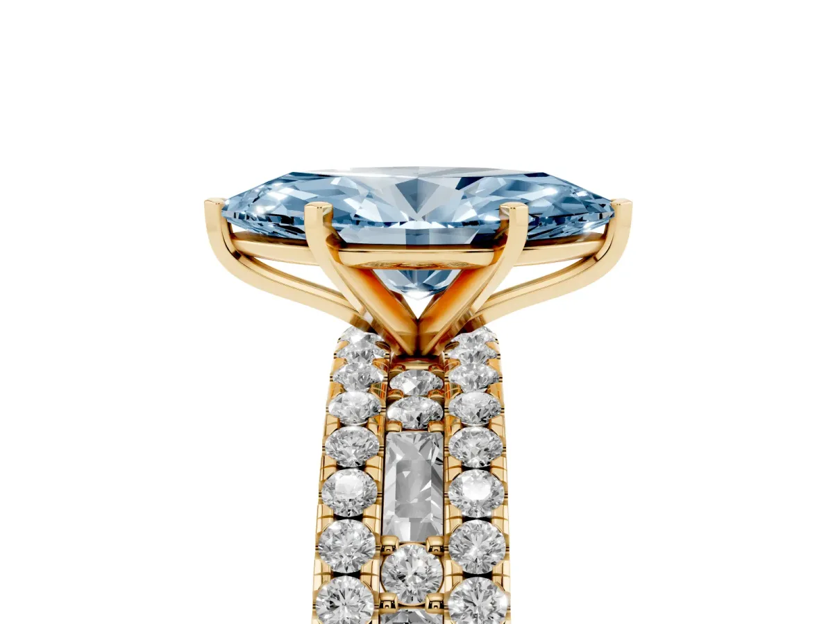 Fancy Blue Marquise Cut Diamond Solitaire Ring with Pavé and Channel Set Band Yellow gold