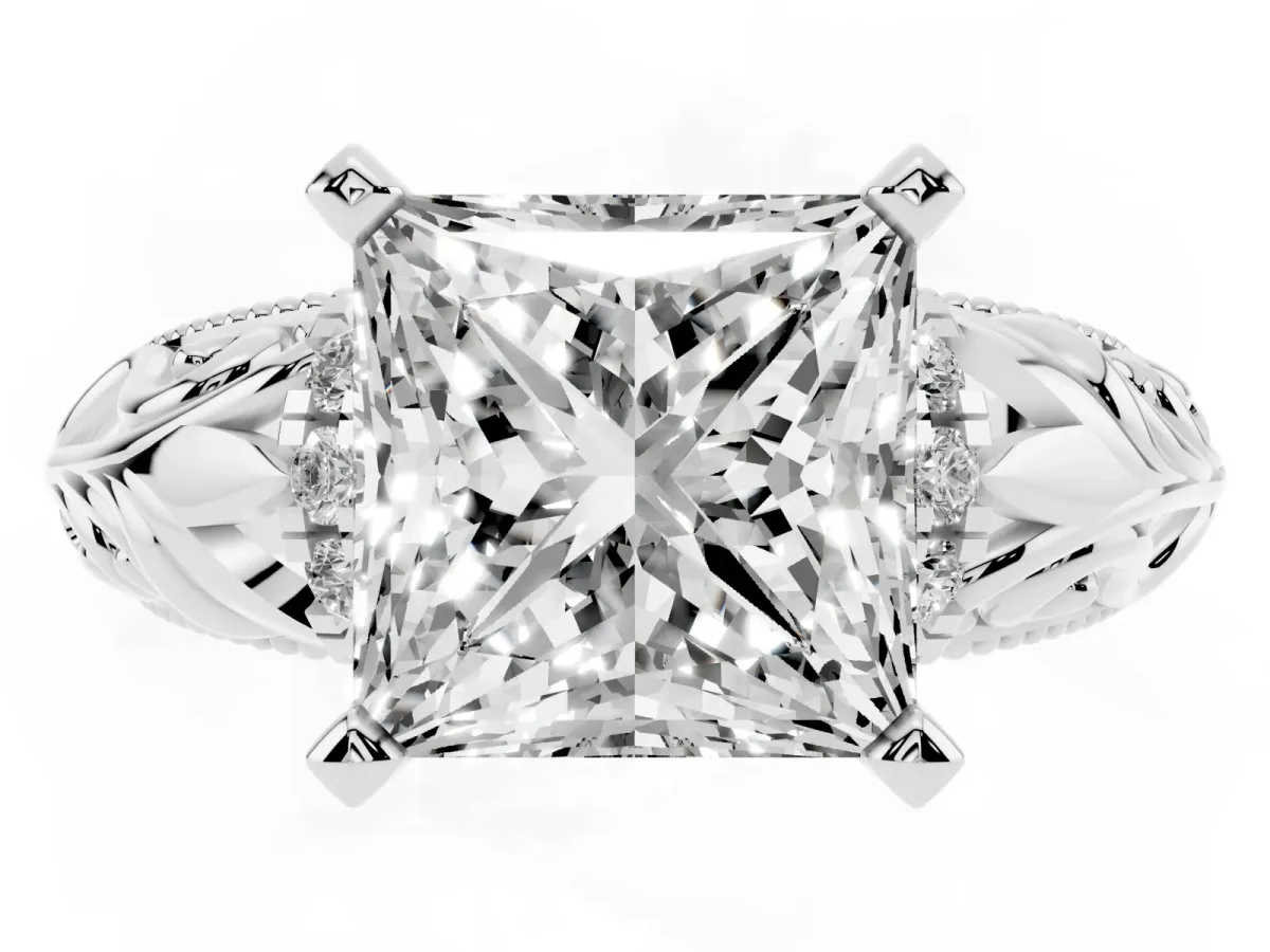 Princess Cut Solitaire Filigree Engagement Ring with Halo and Prong Setting Silver