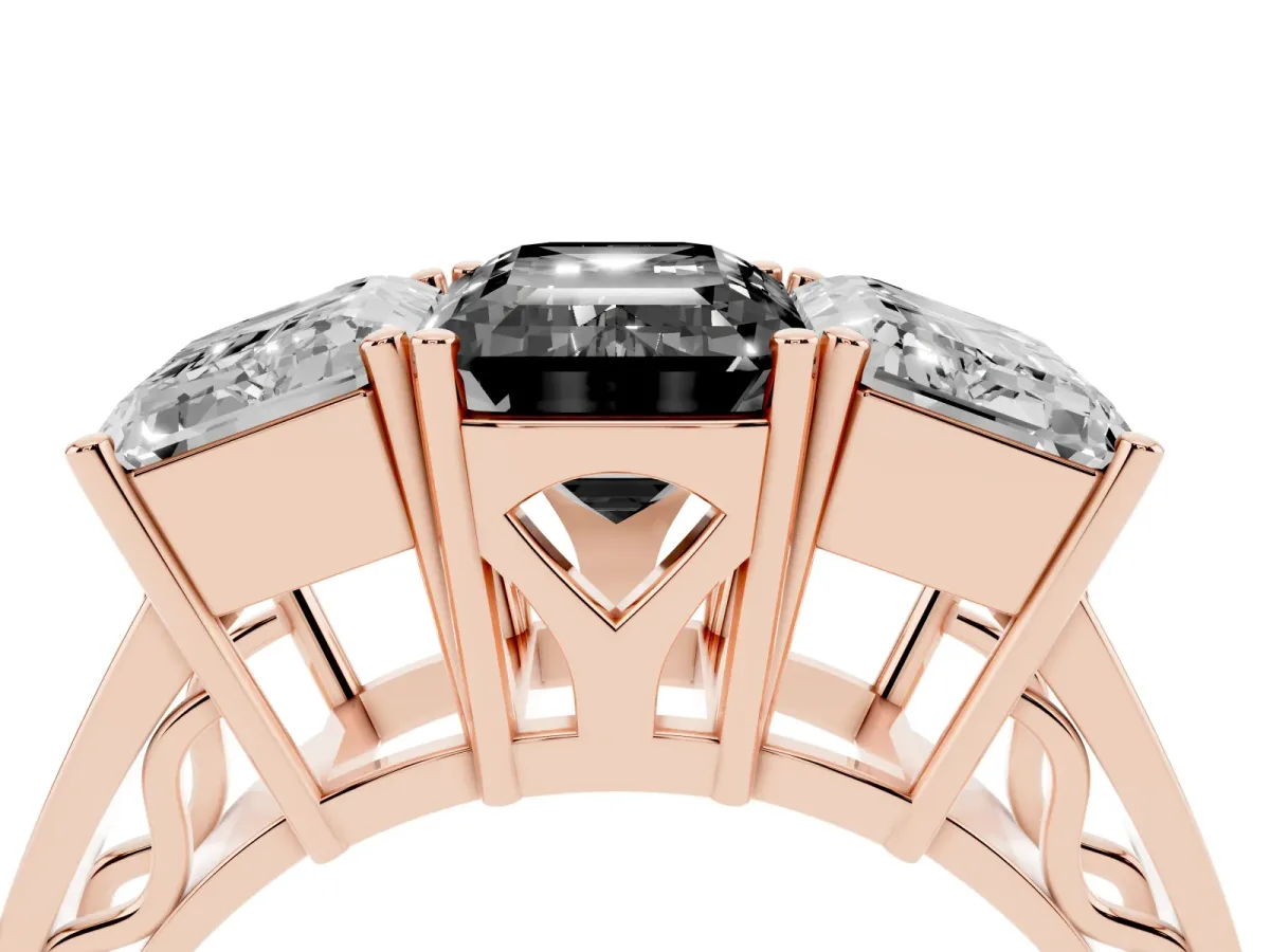 Fancy Black Emerald Cut Diamond Three-Stone Ring with Prong Setting and Textured Band Rose gold