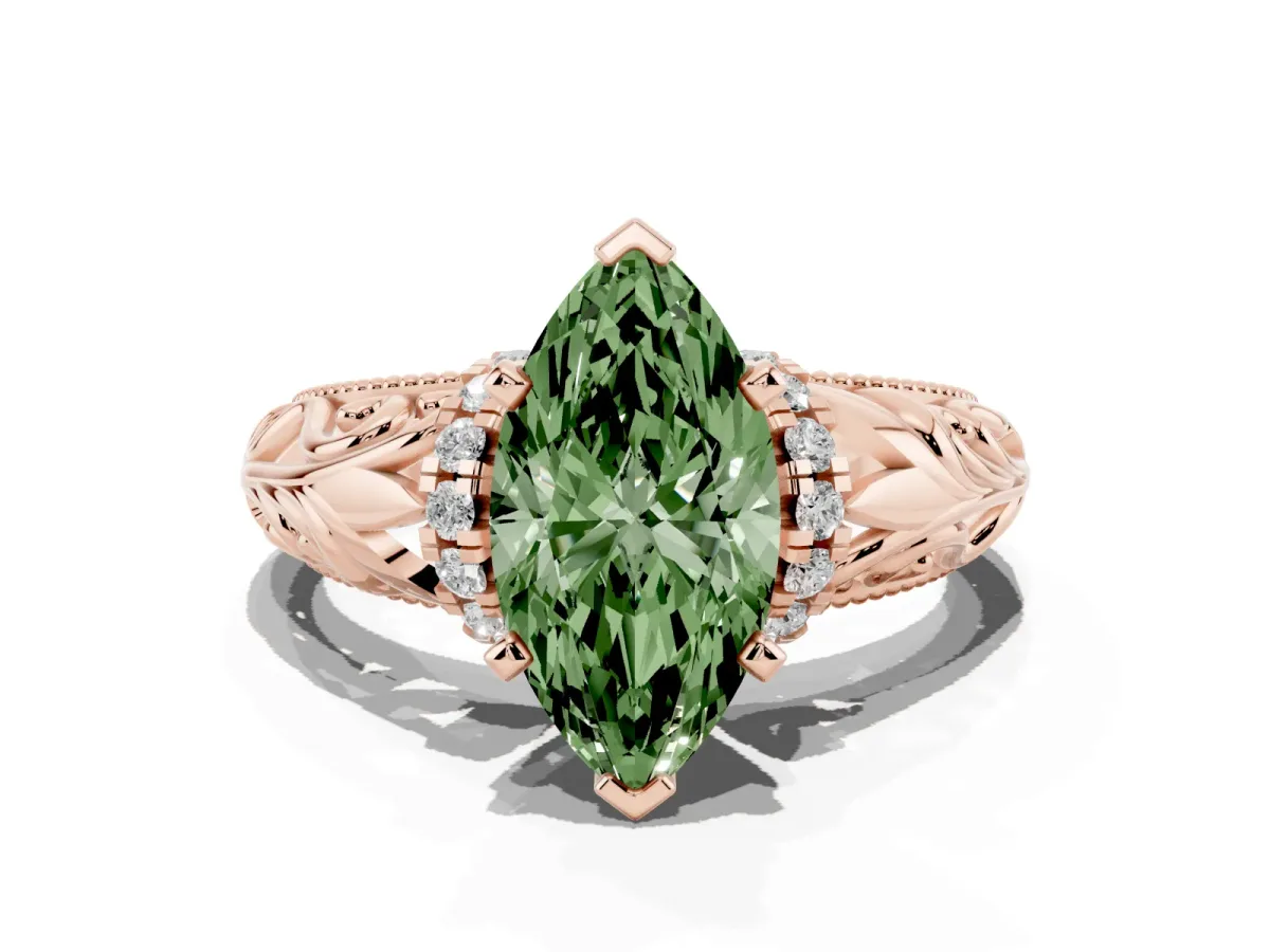 Fancy Green Marquise Cut Solitaire Filigree Engagement Ring with Halo and Prong Setting Rose gold