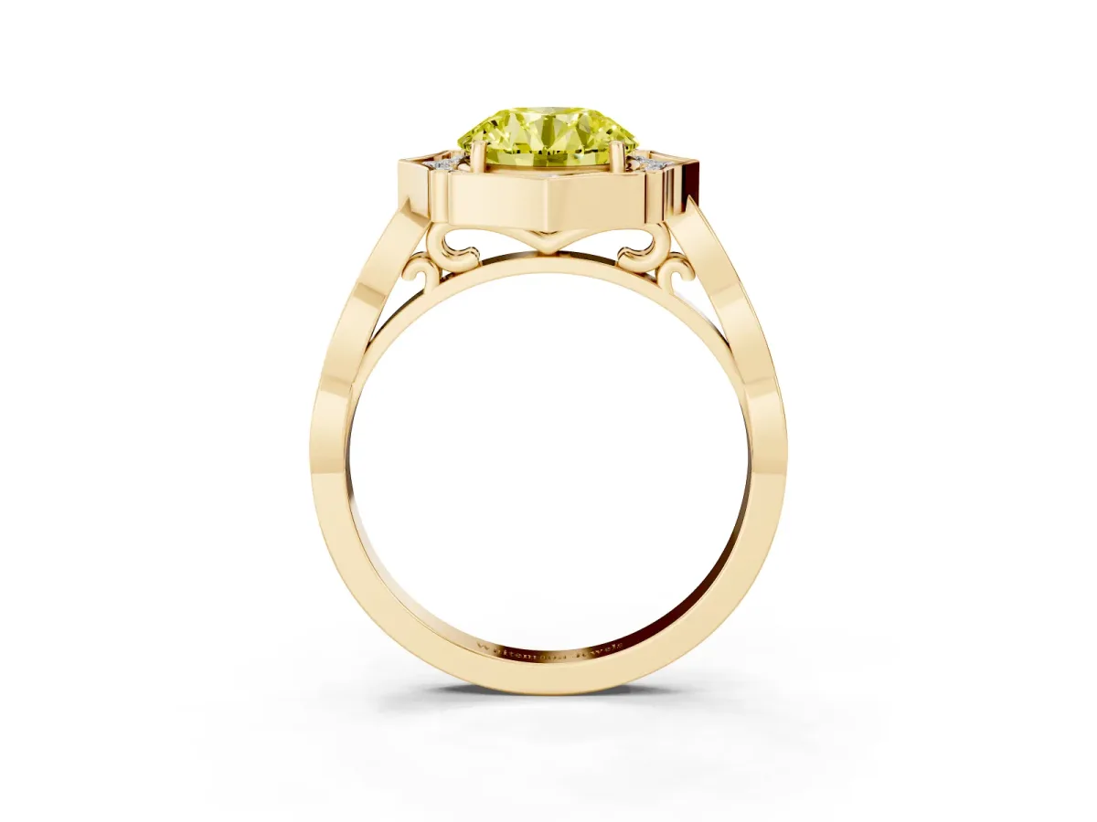 Fancy Yellow Round Cut Halo Diamond Engagement Ring with Milgrain Band and Four-Prong Setting Yellow gold