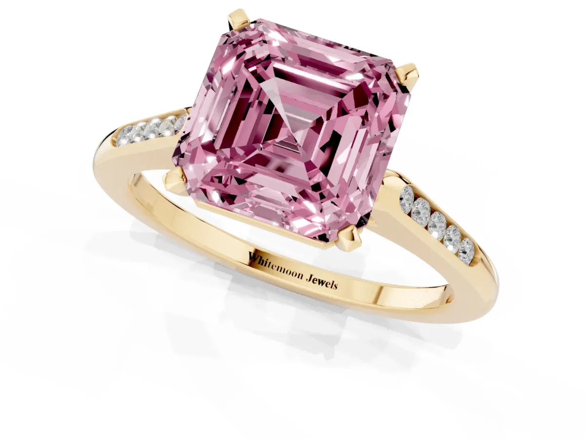 Fancy Pink Asscher Cut Diamond Solitaire Ring with Channel Set Round Band and Prong Setting Yellow gold