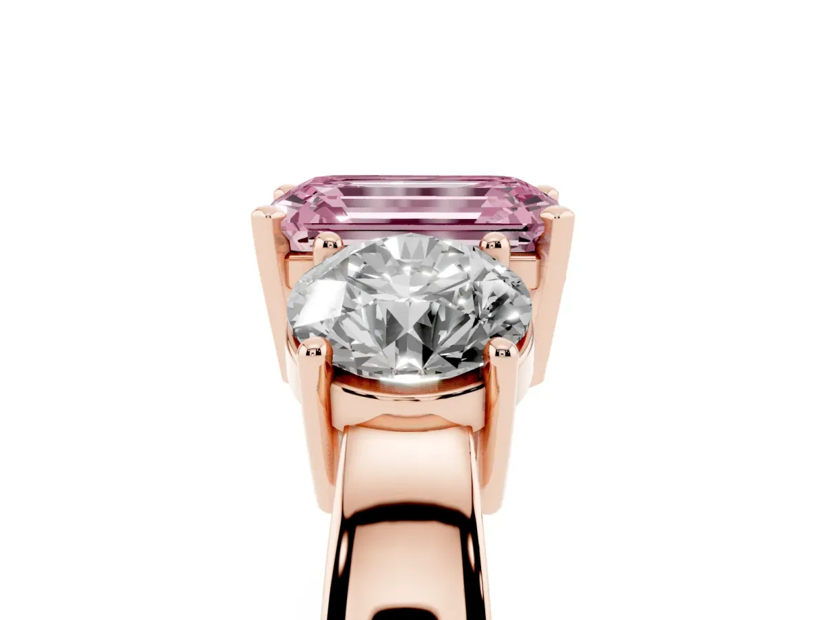 Fancy Pink Three-Stone Emerald Cut Diamond Ring with Round Side Stones, Classic Band, and Four-Prong Setting Rose gold