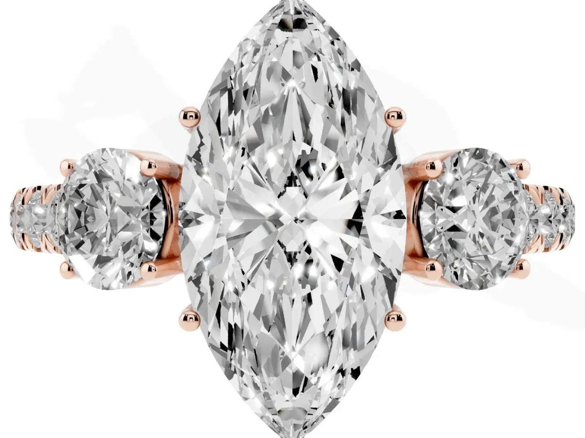 Marquise Cut Cut Diamond Three-Stone Ring with Round Side Stones and Pavé Band Rose gold