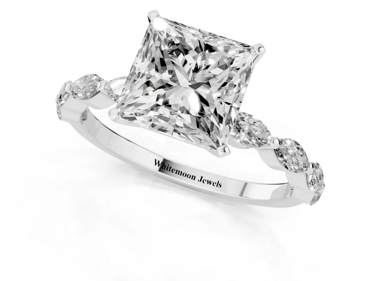 Princess Cut Diamond Ring with Marquise Side Stones and Prong Setting White gold