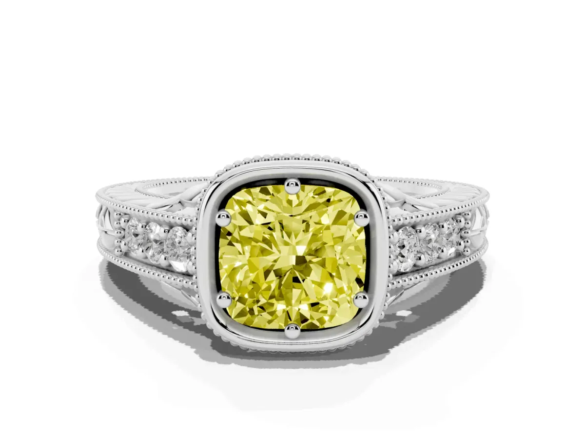 Fancy Yellow Bezel Set Cushion Cut Diamond Milgrain Pave Engagement Ring Silver