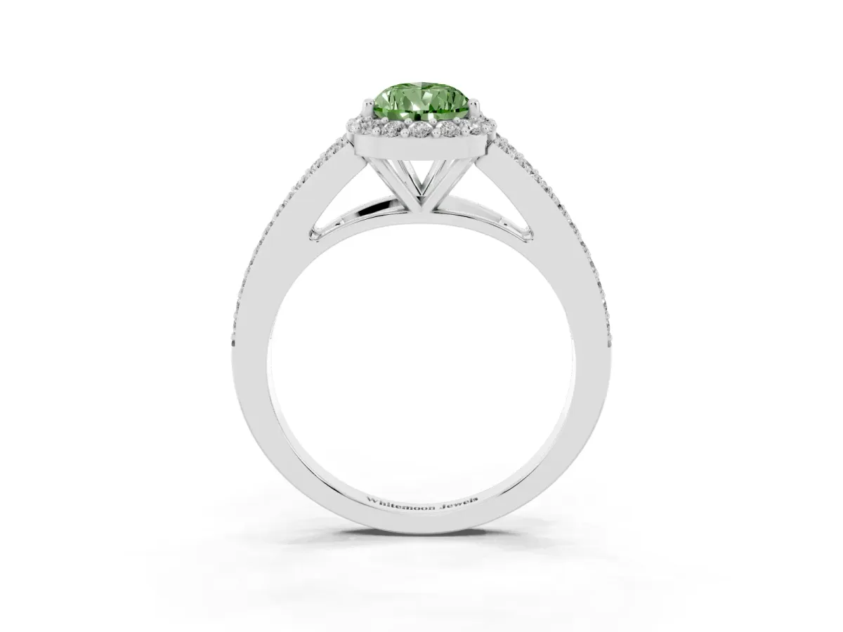 Fancy Green Pear Cut Halo Split Shank Diamond Ring with Prong Setting Silver