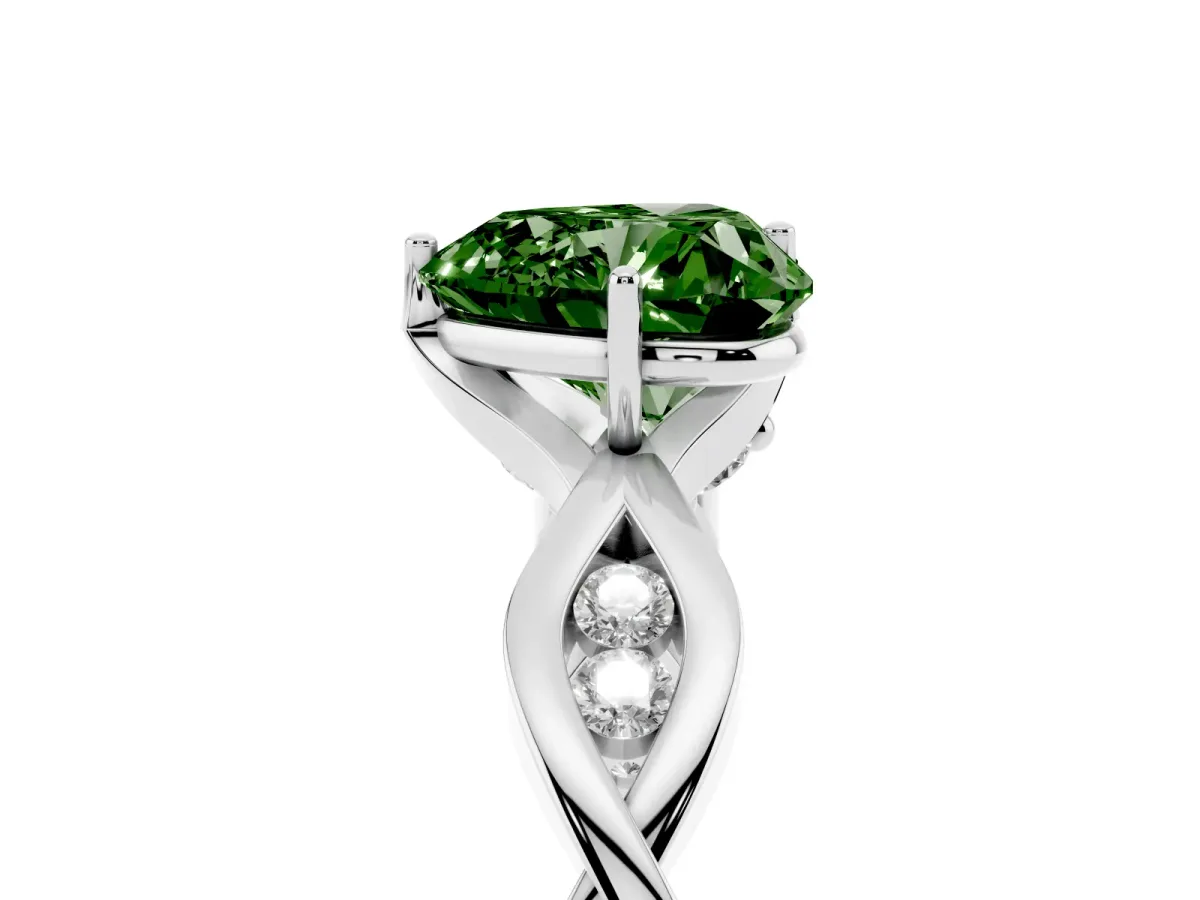 Fancy Green Heart Cut Solitaire Twist Band with Leaf Prong Setting Silver