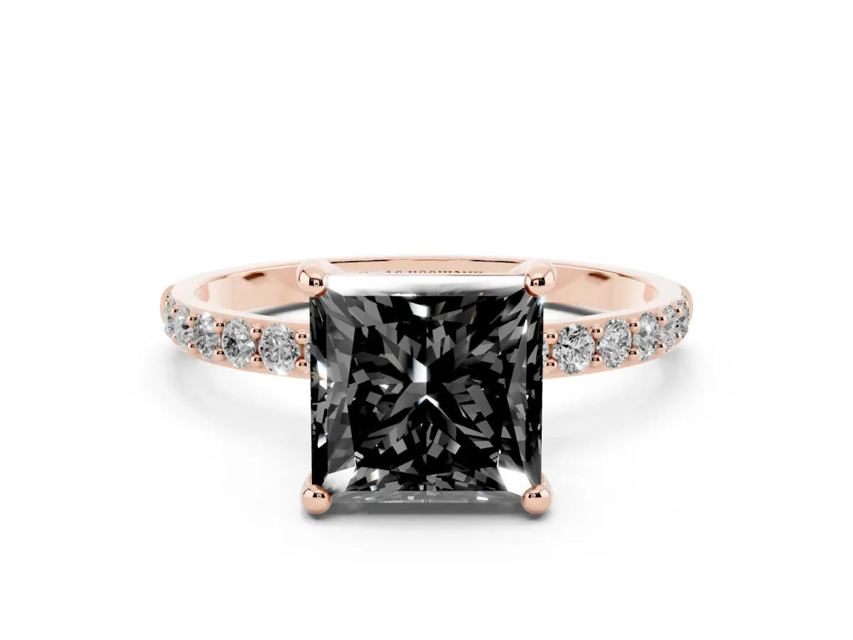 Fancy Black Princess Cut Diamond Solitaire Ring with Round Pavé Band and Prong Setting Rose gold