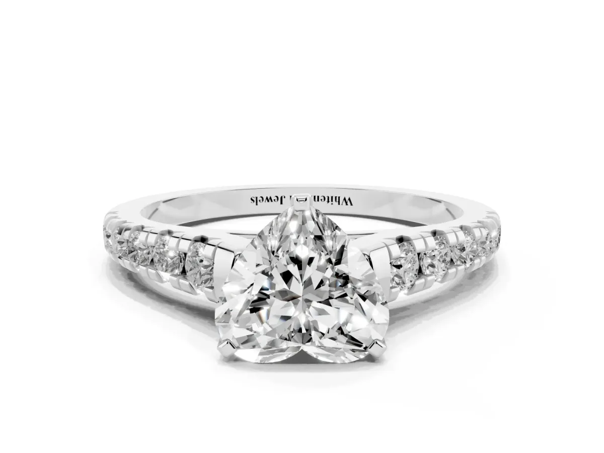 Heart Cut Diamond Cathedral Solitaire Ring with Round Pavé Band Silver