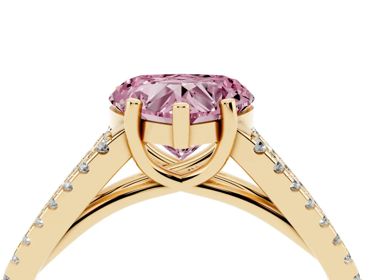 Fancy Pink Heart Cut Diamond Solitaire Engagement Ring with Split Shank Pavé Band Yellow gold